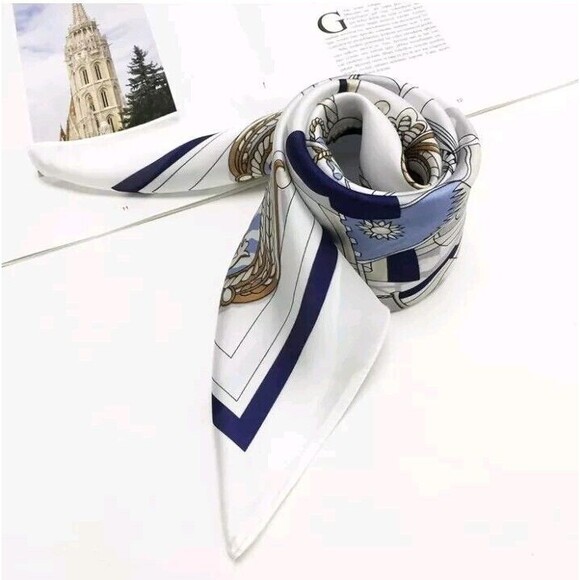 Roizsx Fashion Head Scarf Square Satin for Hair Beach Print Old Ship Navy/White - Picture 2 of 12